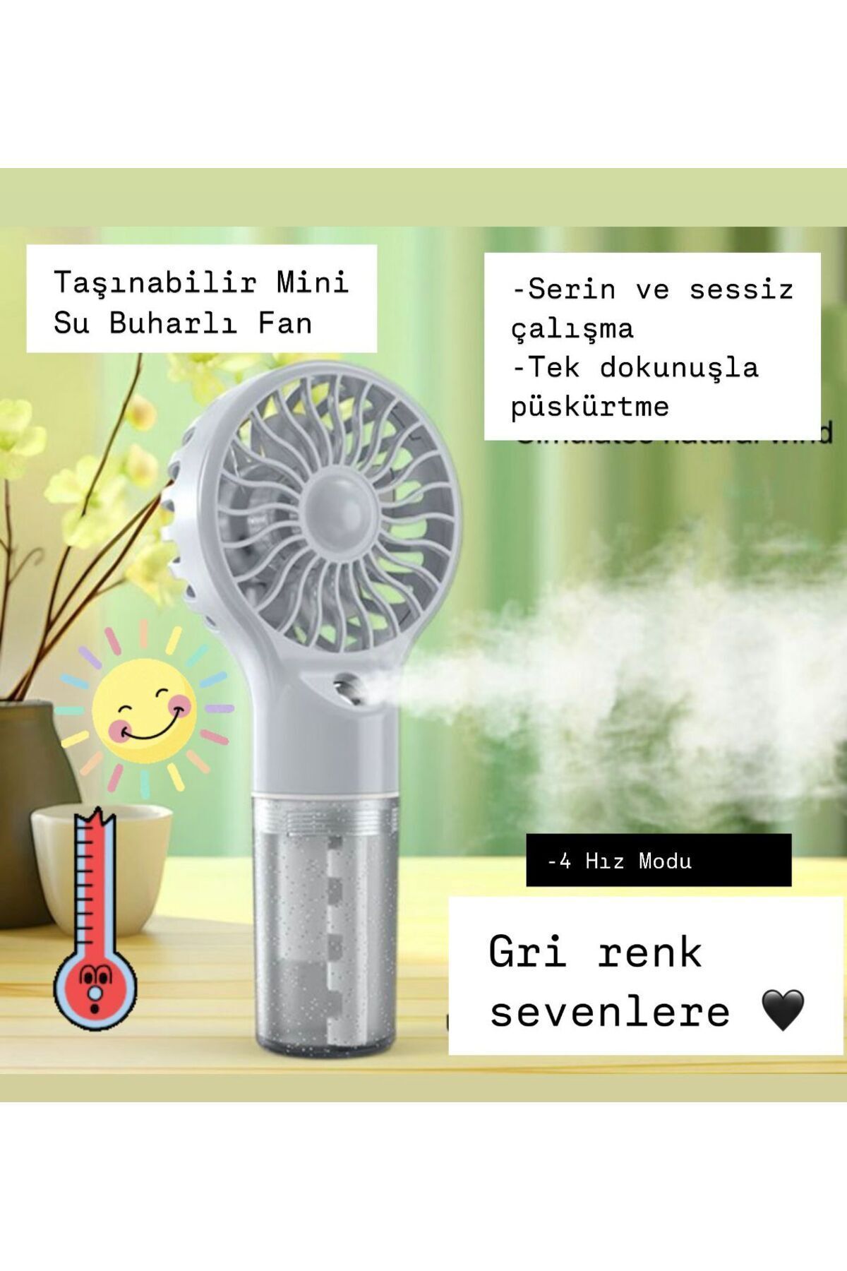 WASHA El Tipi Sulu Buharlı Fan Şarjlı Vantilatör Mini Masaüstü El Fan Taşınabilir 4 Kademeli Usb Pervane