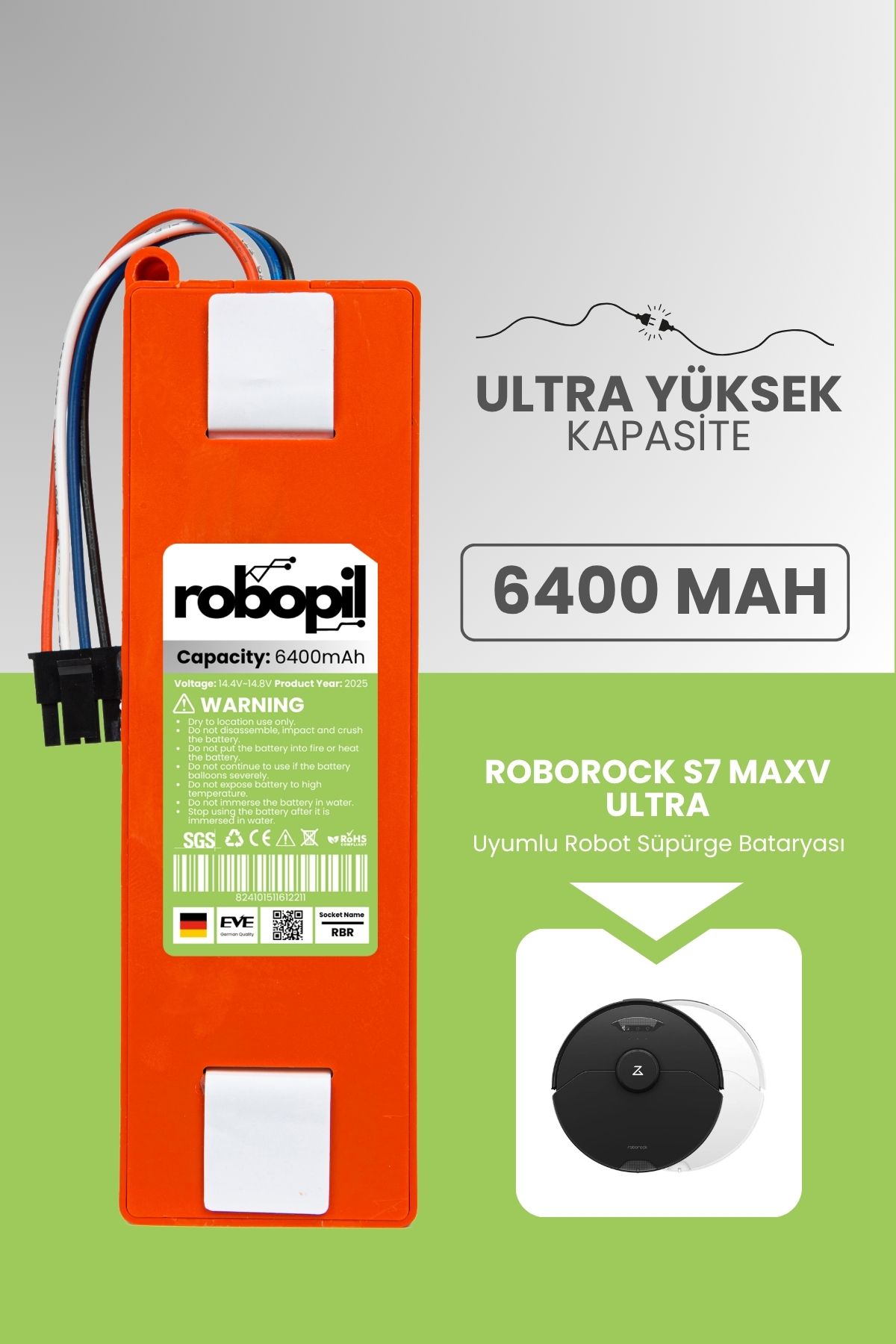 ROBOPİL Roborock S7 Maxv Ultra Batarya Kutulu (Ultra Yüksek Kapasite) 6400mah Akıllı Robot Süpürge Bataryası