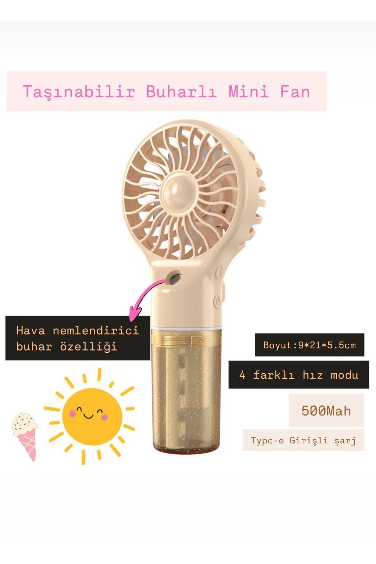 WASHA El Tipi Sulu Buharlı Fan Şarjlı Vantilatör Mini Masaüstü El Fan Taşınabilir 4 Kademeli Usb Pervane
