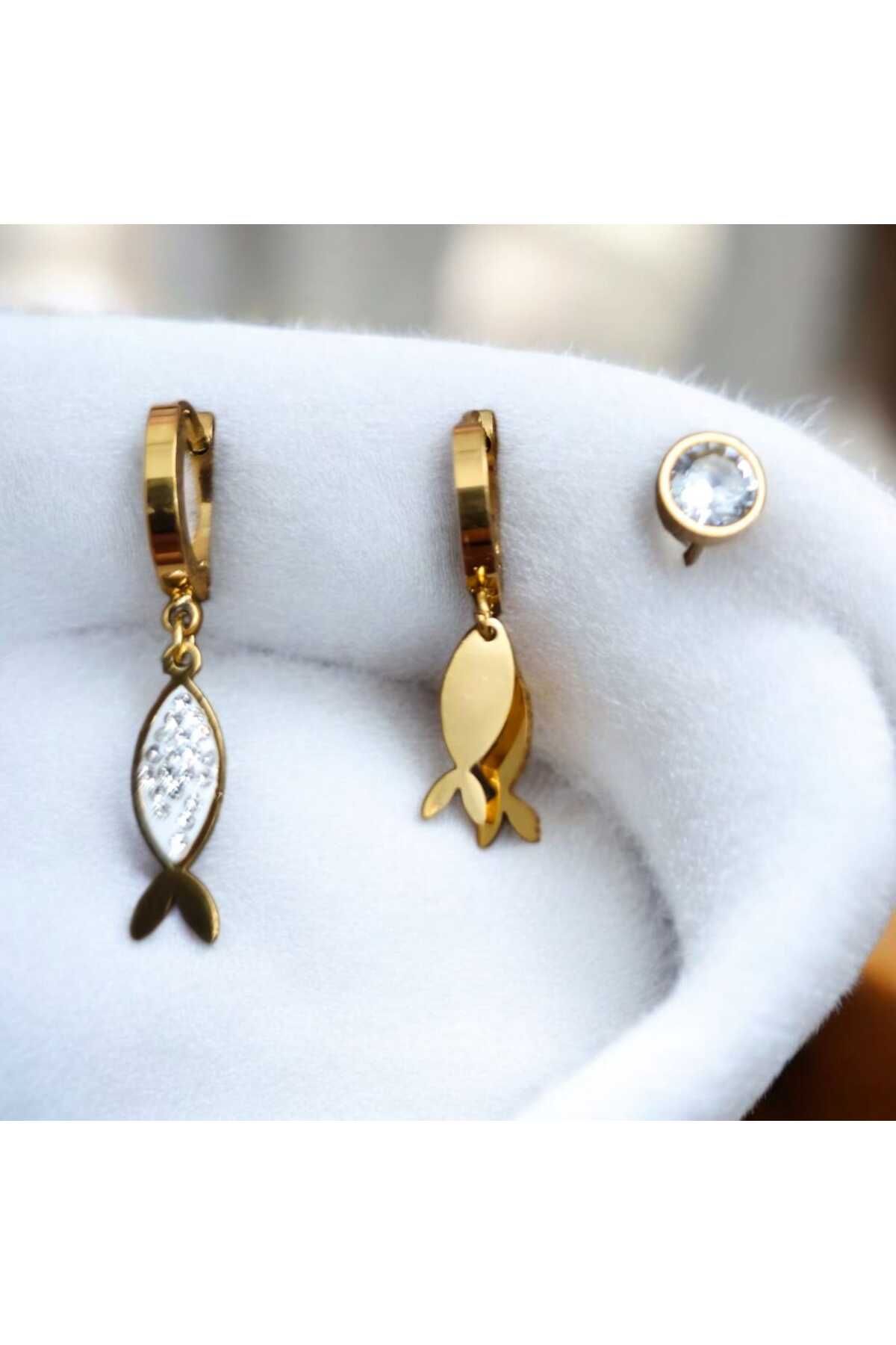 ekacsessories Zirkon Taşlı Balık Figürlü Altın Renk Kadın Çelik Küpe Seti
