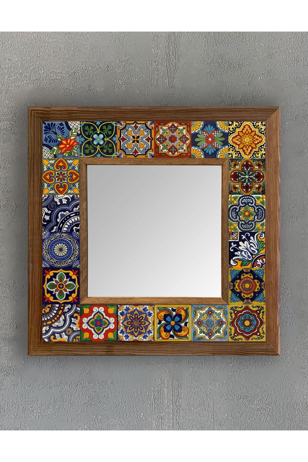 Elioure Seramik Desenli Masif Çerçeveli Mozaik Ayna 33x33 Cm