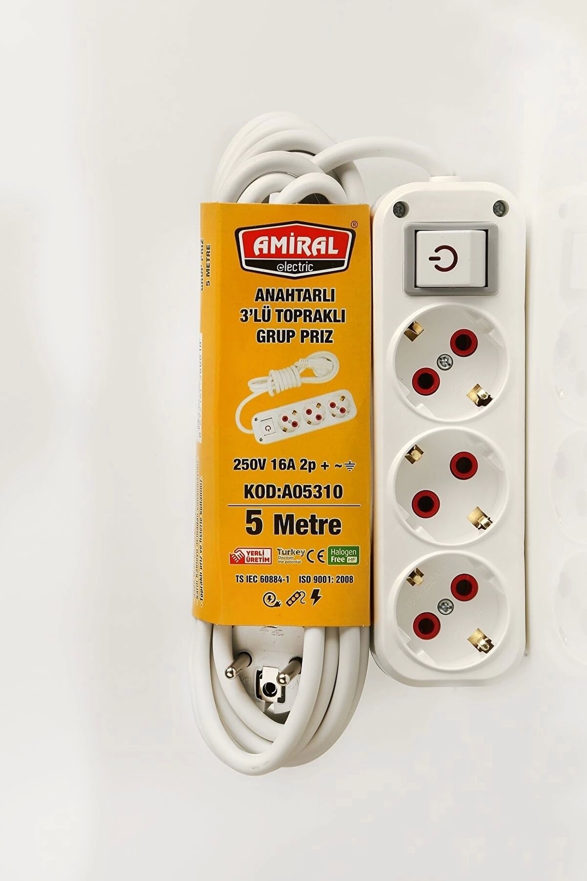 No8 Home Amiral 3' Lü Topraklı Anahtarlı 5 Metre Kablolu Grup Priz