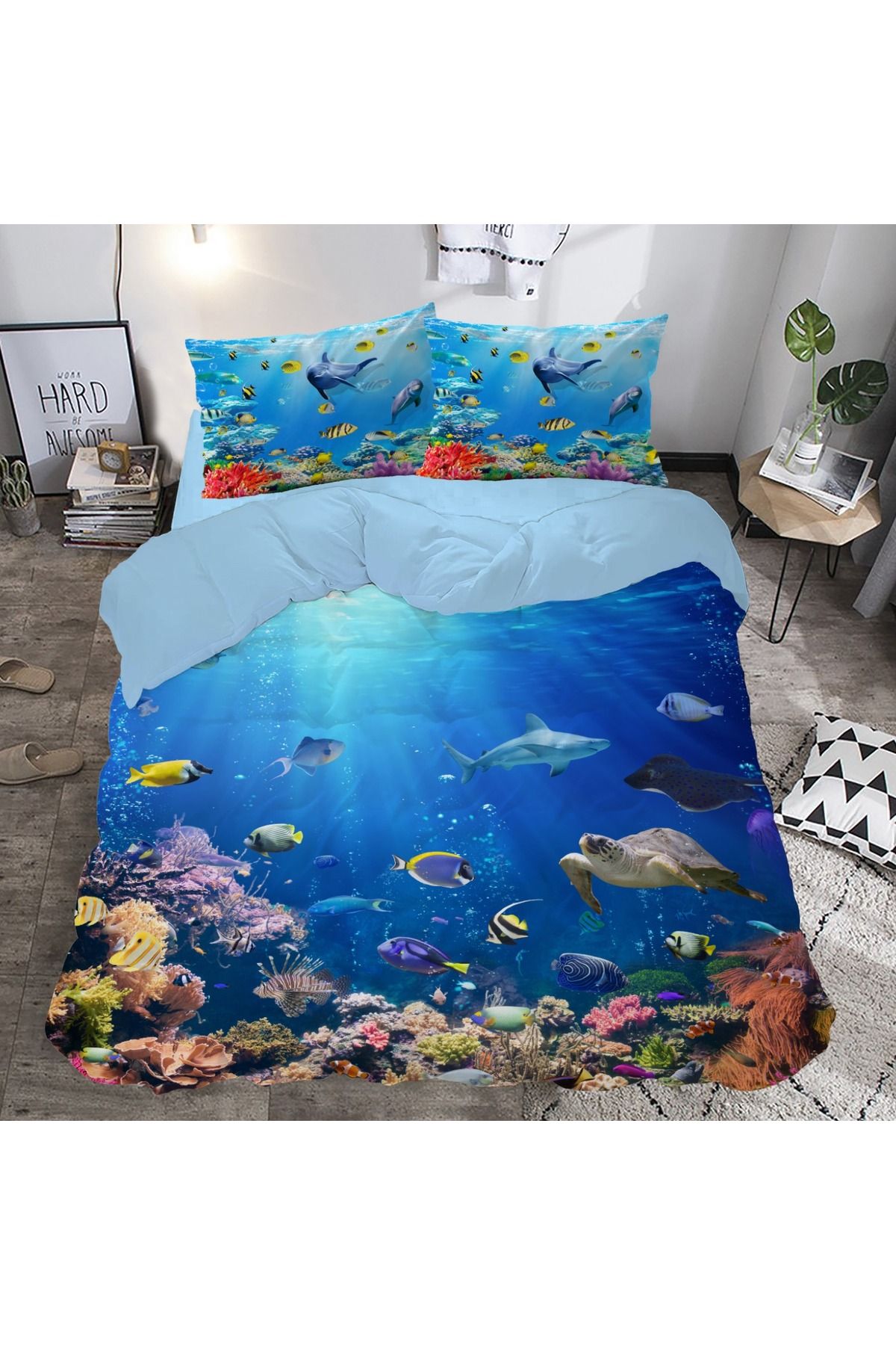 hediyechy GİFT DUVET COVER akvaryum 3d Baskılı Çift Kişilik Nevresim Takımı