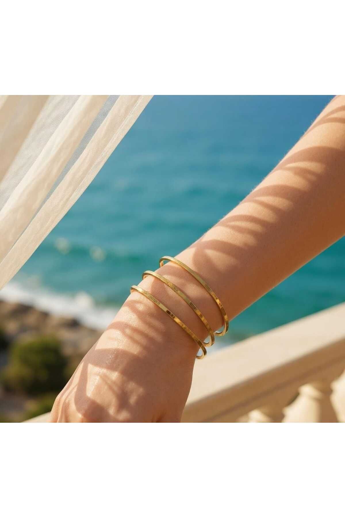 ekacsessories 3'lü Altın Renk Ajda Model Kadın Çelik Bilezik Seti