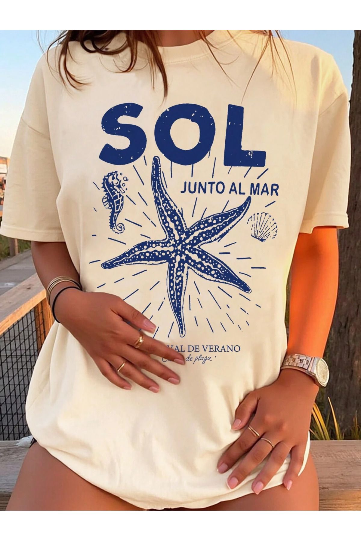 New Shine Unisex Oversize SOL Yıldız Navy Blue Starfish Loose T-shirt