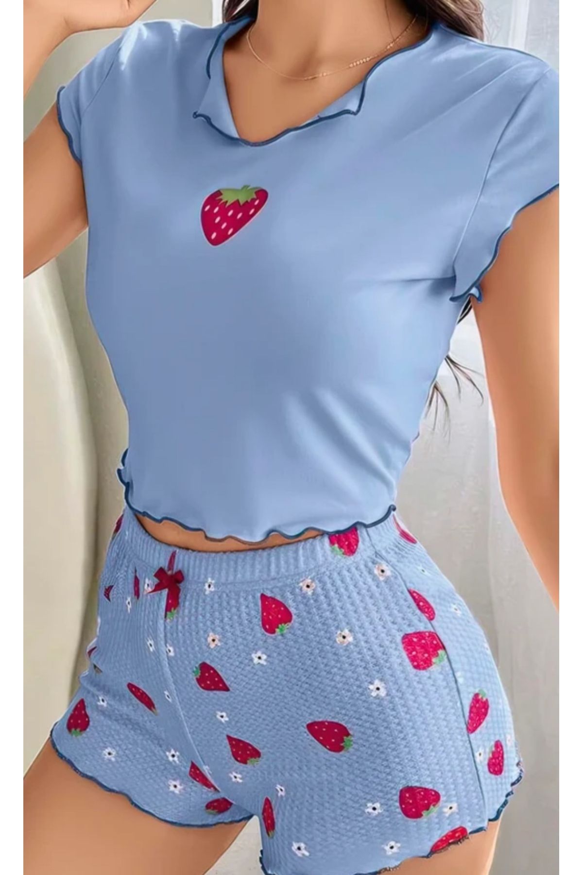 Ruselin Kadın Çilek Desenli Bebe Mavi Seksi Gecelik Takım 6638