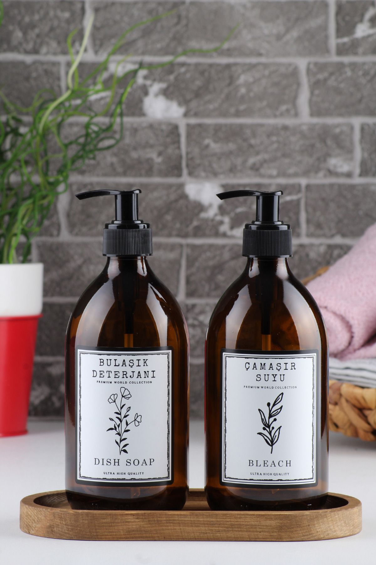 EA Home Concept Ahşap Stantı Amber Renk 2'li Sıvı Sabun Bulaşık Deterjanı ve Çamaşır Suyu Şişesi 500 ml