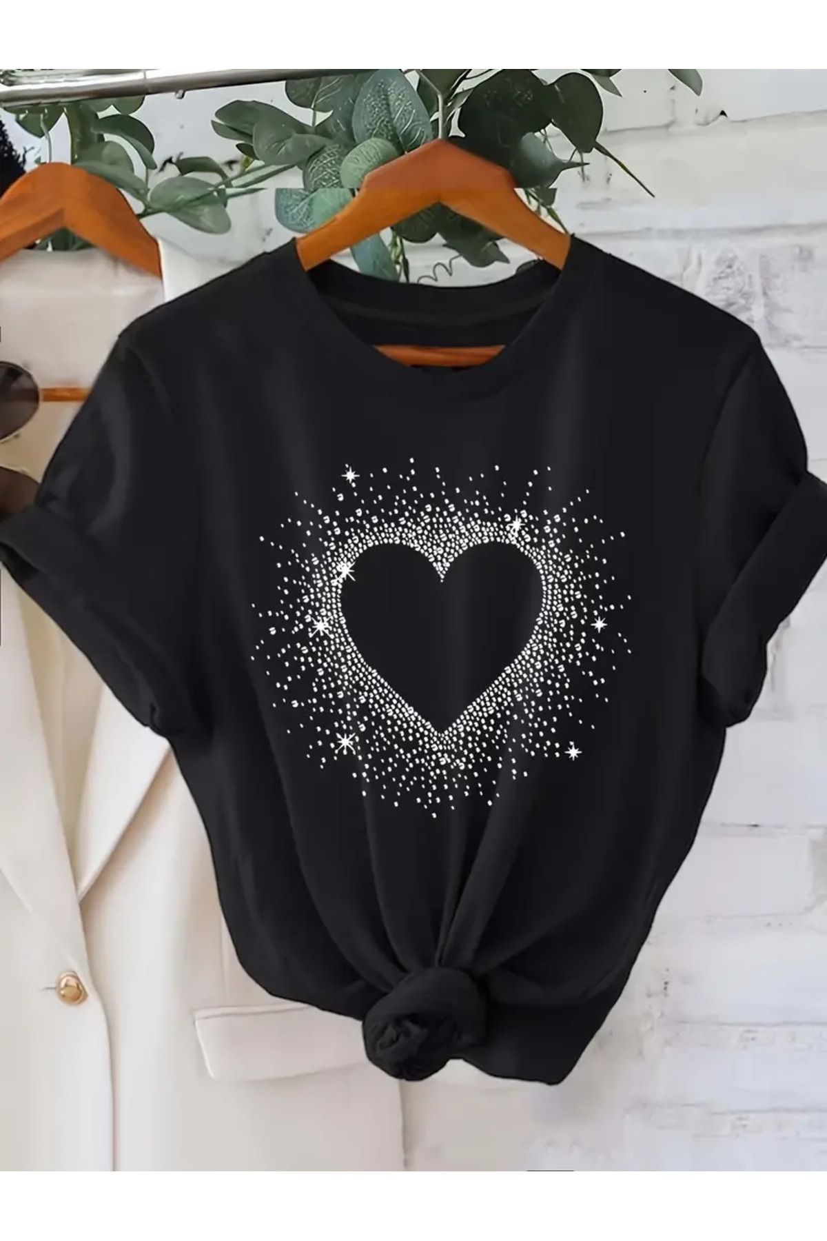 CLASİVA Kalp,Baskılı Oversize Bisiklet Yaka t-shirt