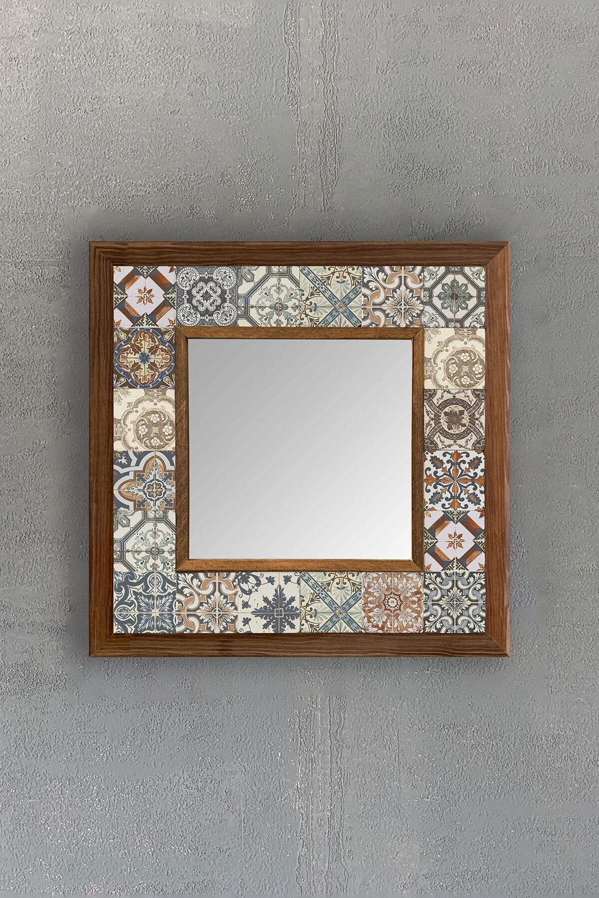 Elioure Ahşap Çerçeveli Mozaik Doğaltaş Ayna 33x33 cm, şık ve doğal tasarım