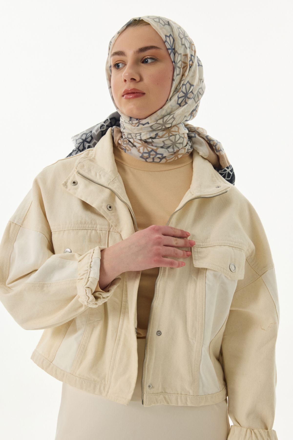 FENZA SCARF Yıldız Desenli Pamuklu Şal - Krem-Gri