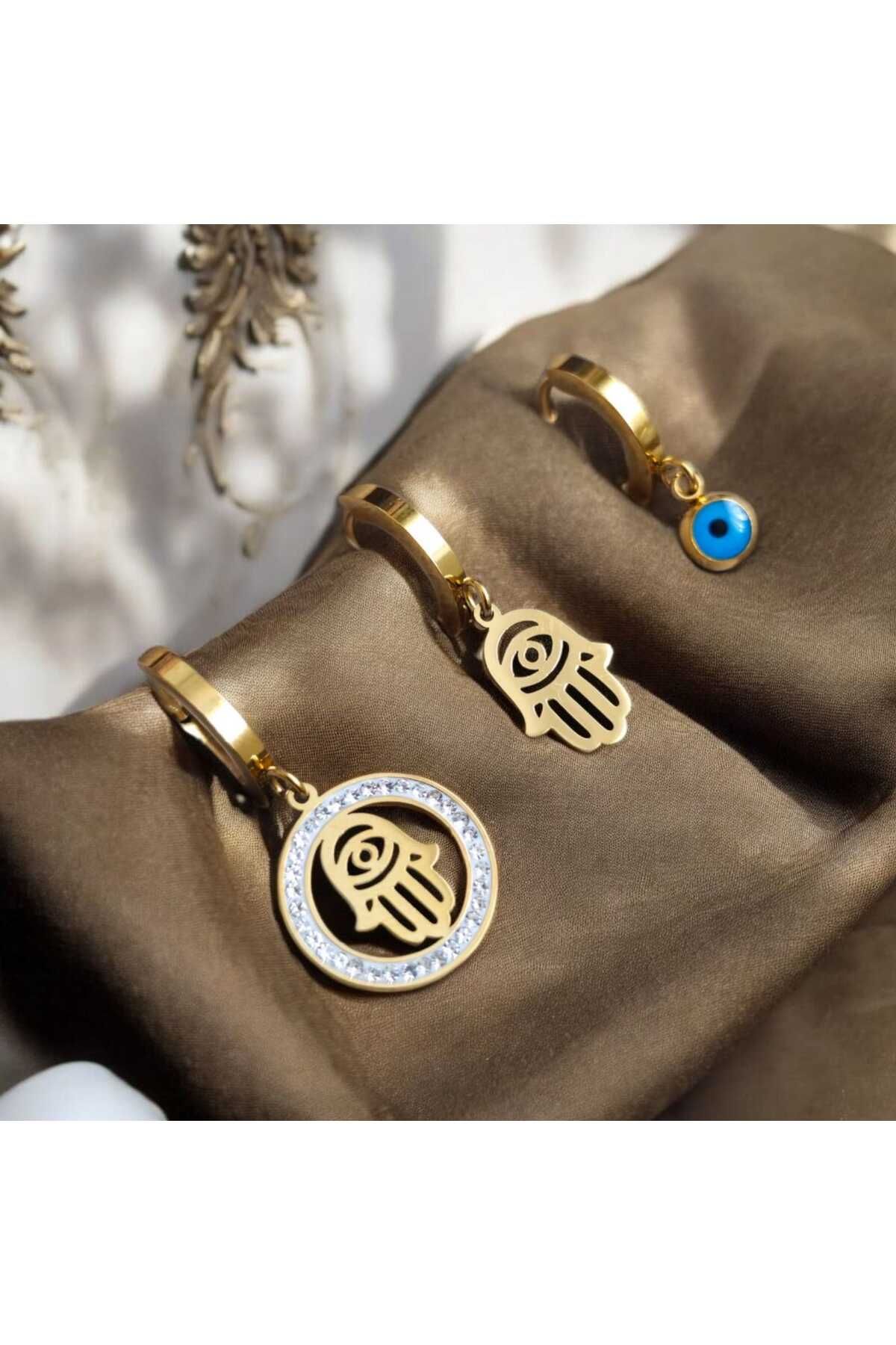 ekacsessories Hamsa Eli ve Nazar Boncuğu Figürlü Altın Renk 3’lü Kadın Çelik Küpe Seti
