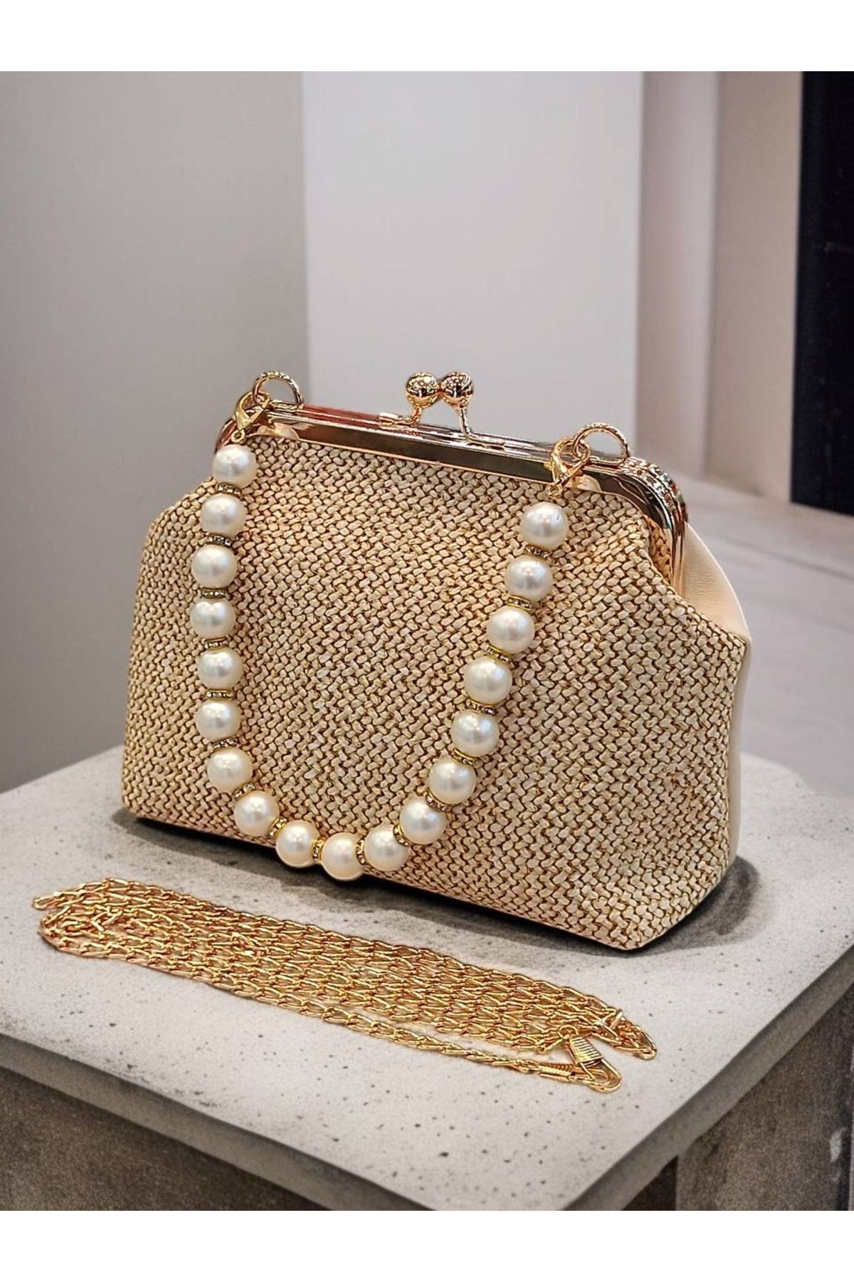 Babydoll Bag Kadın Hasır Görünümlü Boncuk Saplı El ve Omuz Çanta