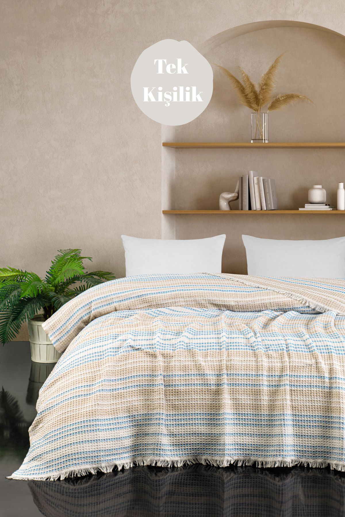 Casnack Babür Model Bej-Mavi Tek Kişilik Pike 170x210cm