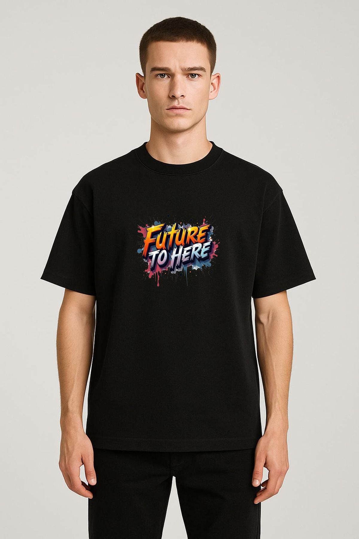 MODA Unisex Oversize Kalıp Future to Here Baskılı T-Shirt