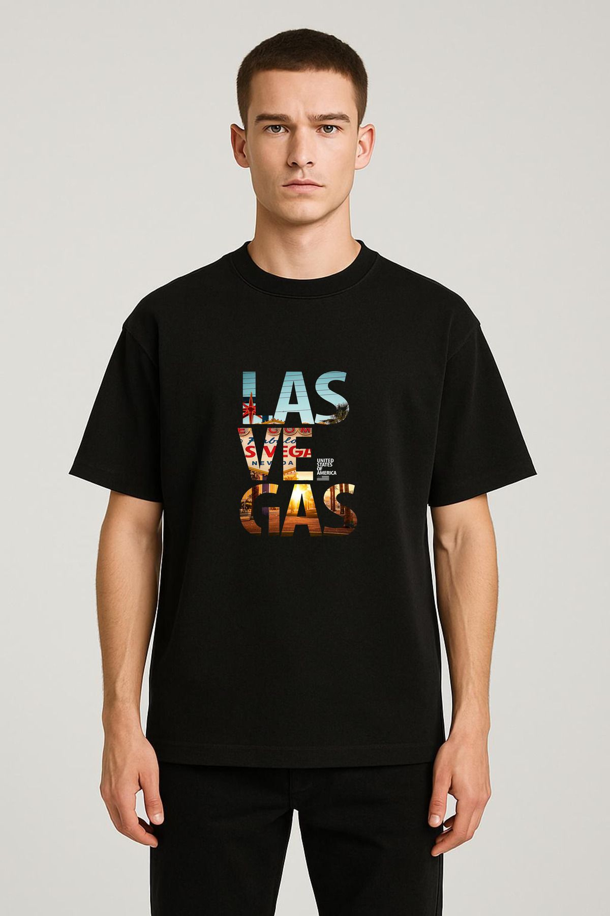 MODA Unisex Oversize Kalıp Las Vegas Baskılı T-Shirt
