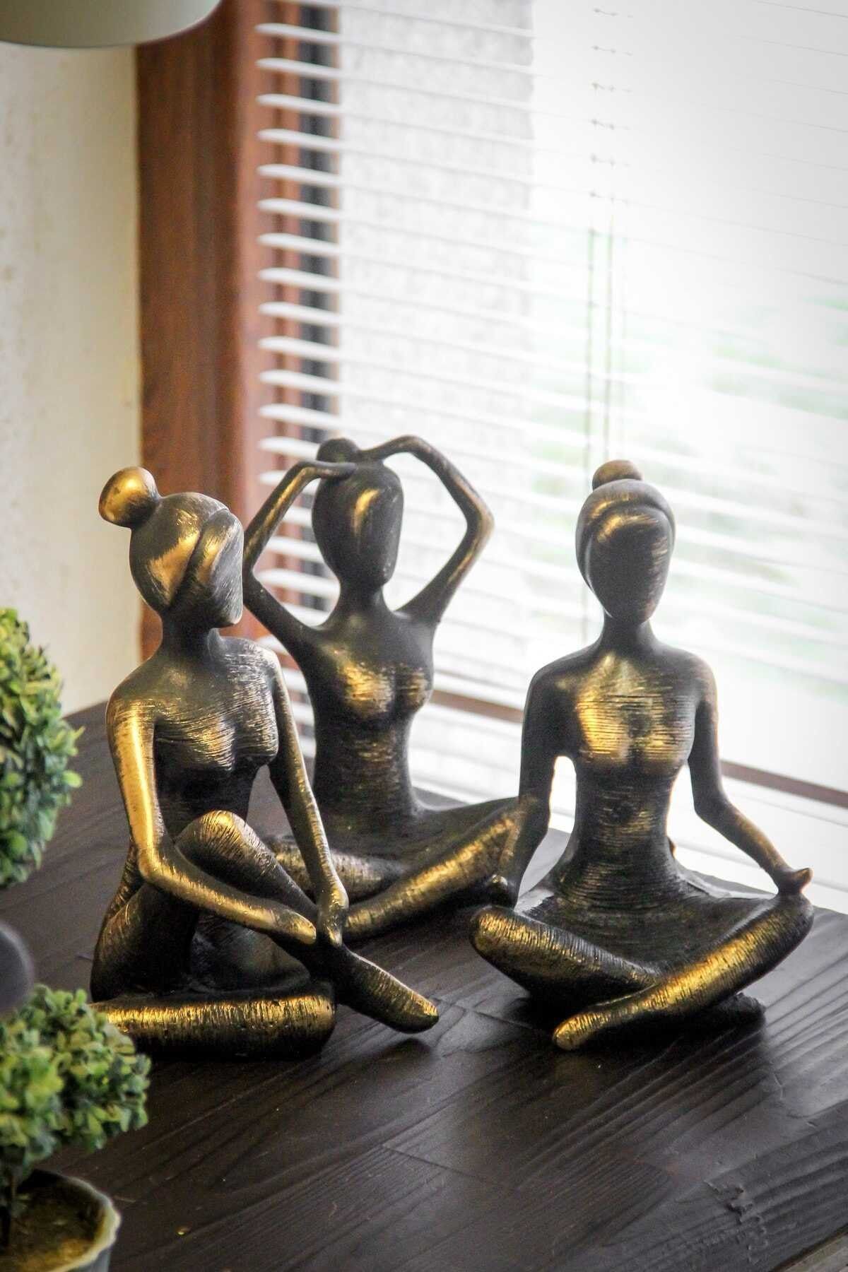 Elioure Yoga yapan kadınlar biblo seti, şık ve dekoratif üçlü ürün, siyah renkli.