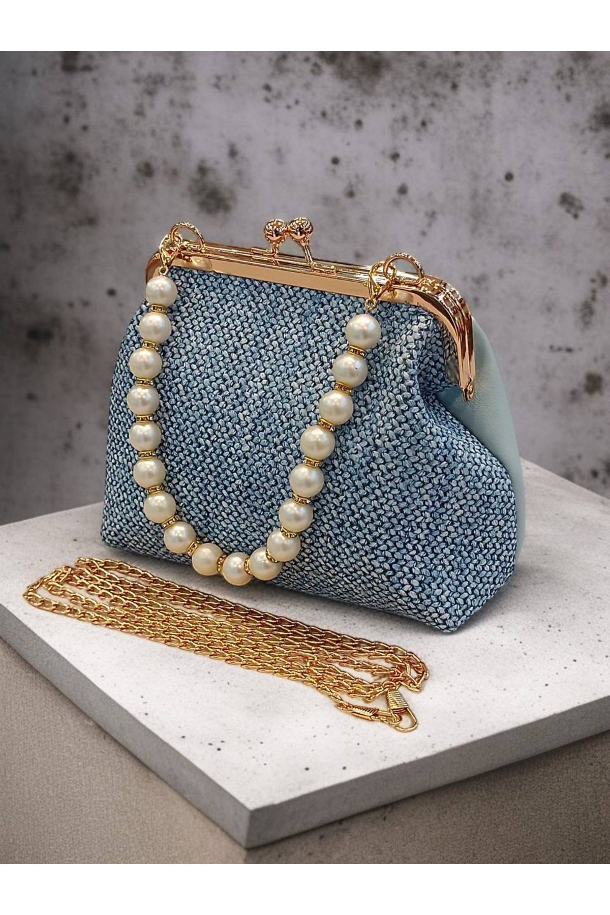 Babydoll Bag Kadın Hasır Görünümlü Boncuk Saplı El ve Omuz Çanta