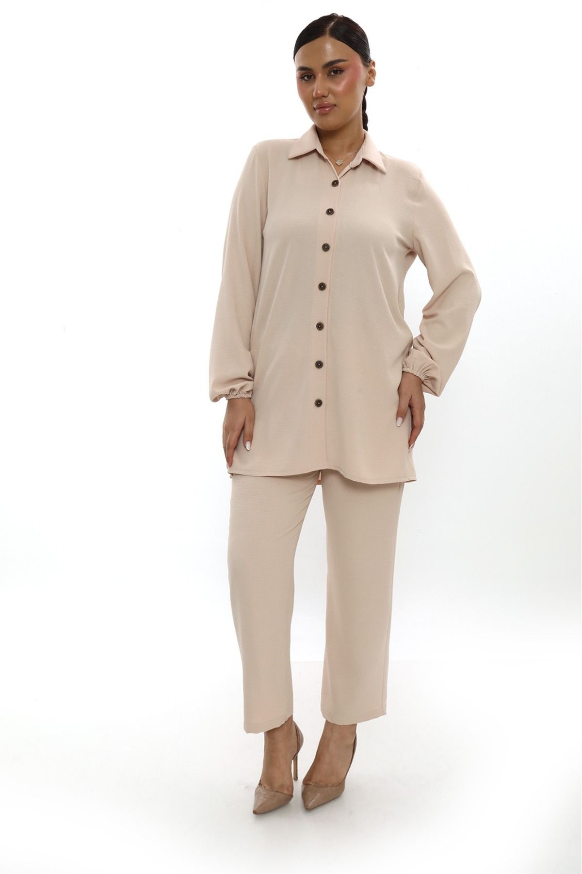 Butik Aerobin keten tunik pantolon takım