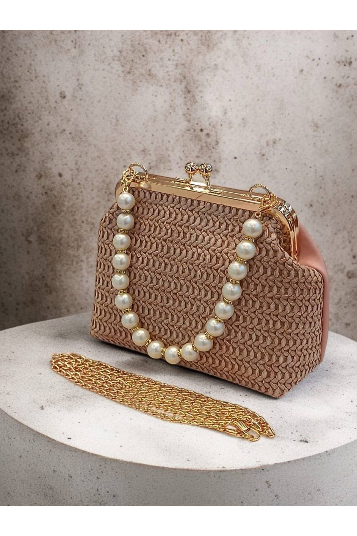 Babydoll Bag Kadın Hasır Görünümlü Boncuk Saplı El ve Omuz Çanta