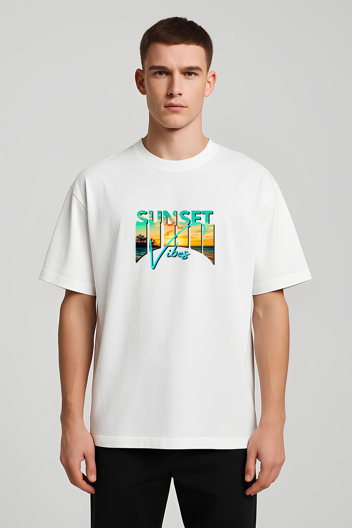 MODA Unisex Oversize Kalıp Sunset Vibes Baskılı T-Shirt