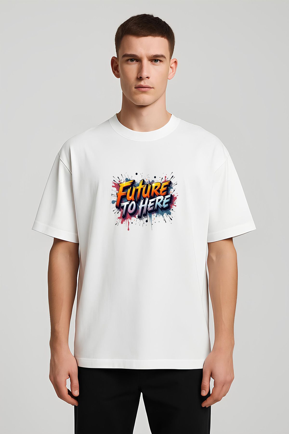 MODA Unisex Oversize Kalıp Future to Here Baskılı T-Shirt