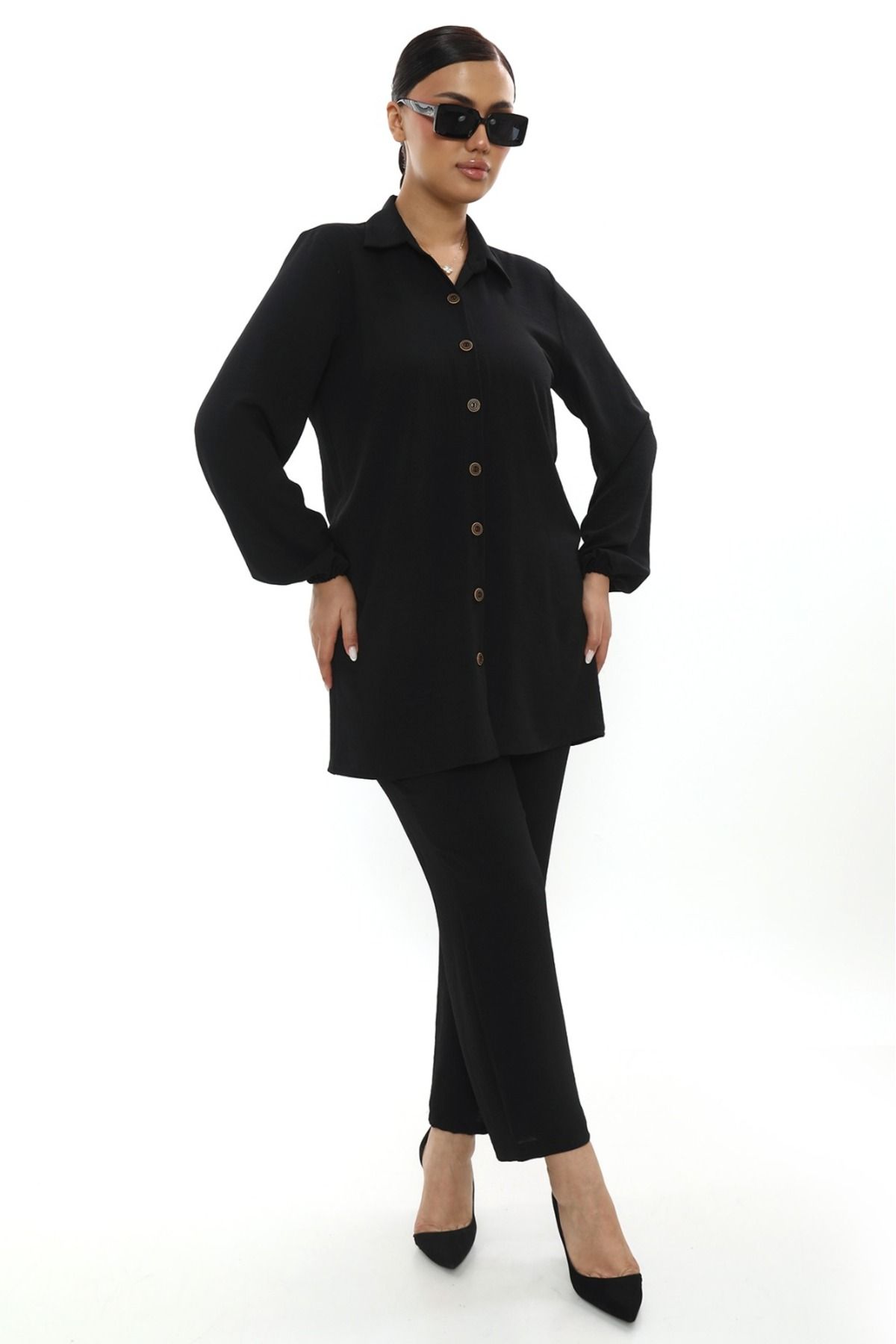Butik Aerobin keten tunik pantolon takım