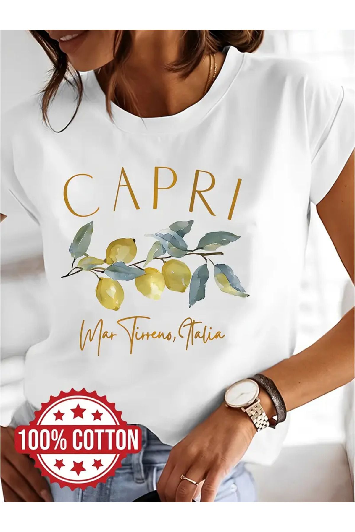 CLASİVA Caprı Lımon,Baskılı Oversize Bisiklet Yaka t-shirt