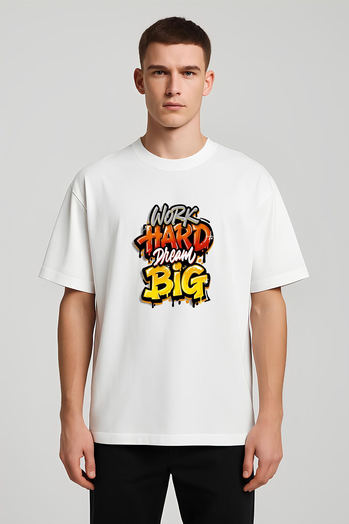 MODA Unisex Oversize Kalıp Work Hard Baskılı T-Shirt