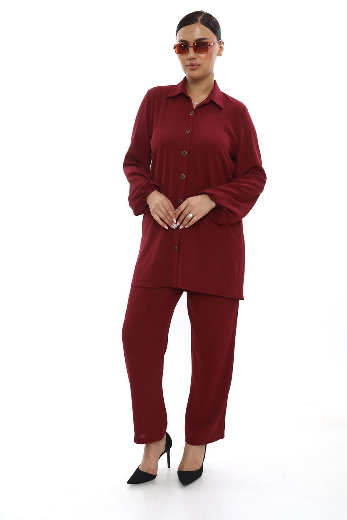 Butik Aerobin keten tunik pantolon takım
