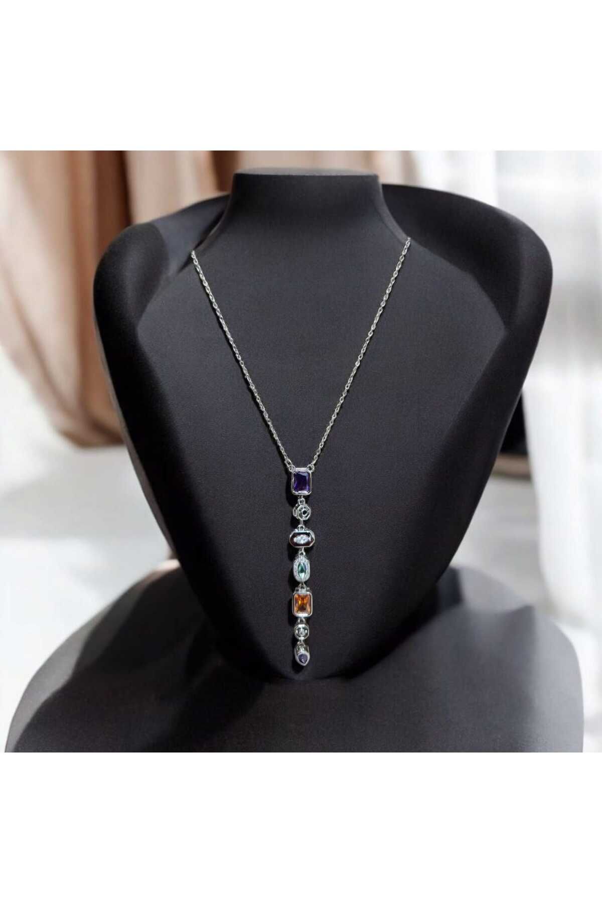ekacsessories Çakra Dengeleyici Spiritüel Taşlı Gümüş Renk Y Çelik Kolye