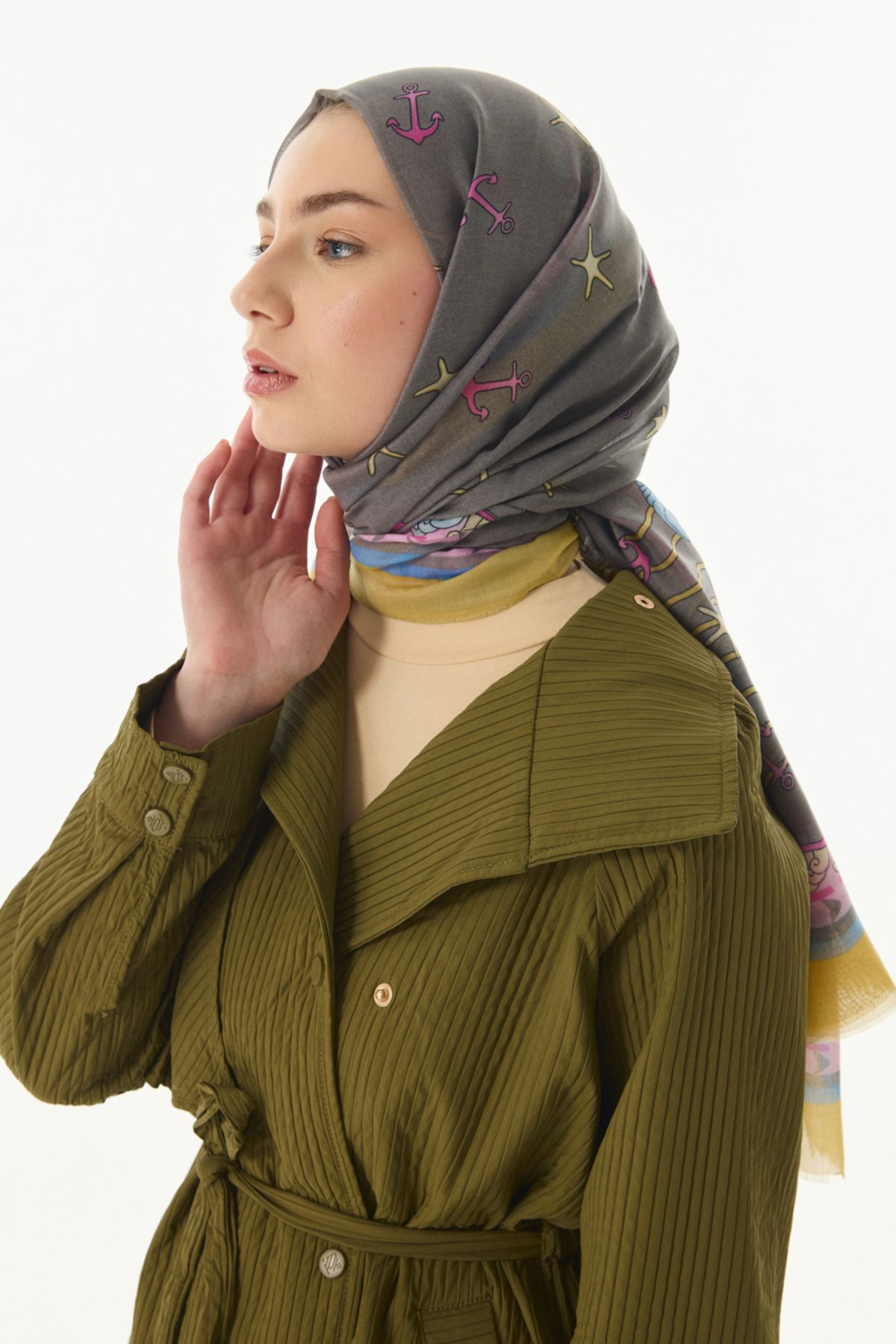 FENZA SCARF Okyanus Desen Pamuklu Şal - Gri