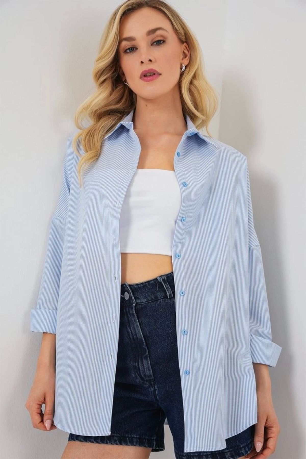 Butik Çizgili Oversize Gömlek 20332 - Açık Mavi