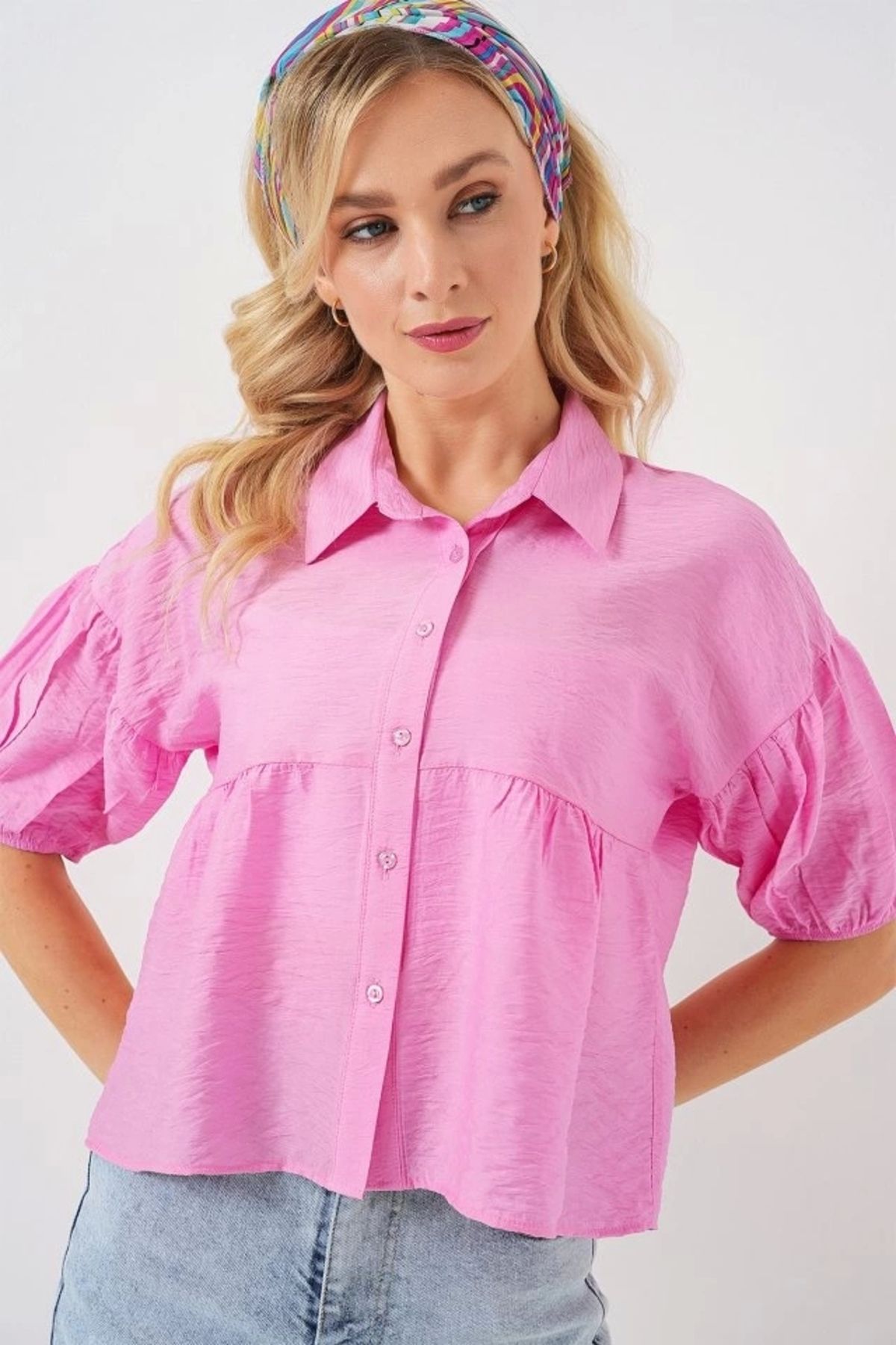 Butik Kısa Kol Crop Gömlek 20335 - Pudra