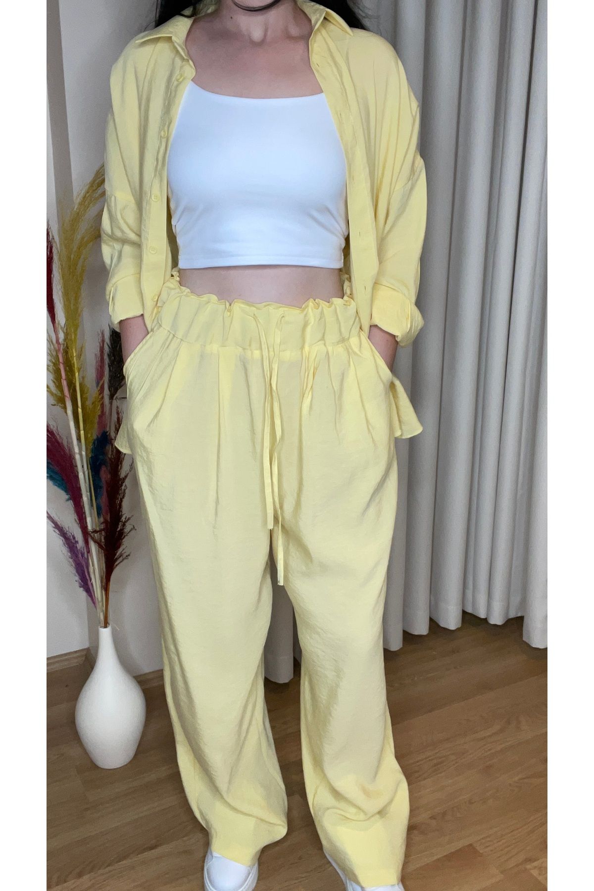 Aura Ella Kadın Oversize Gömlek Pantolon Takım – %100 Pamuk-Butter Yellow