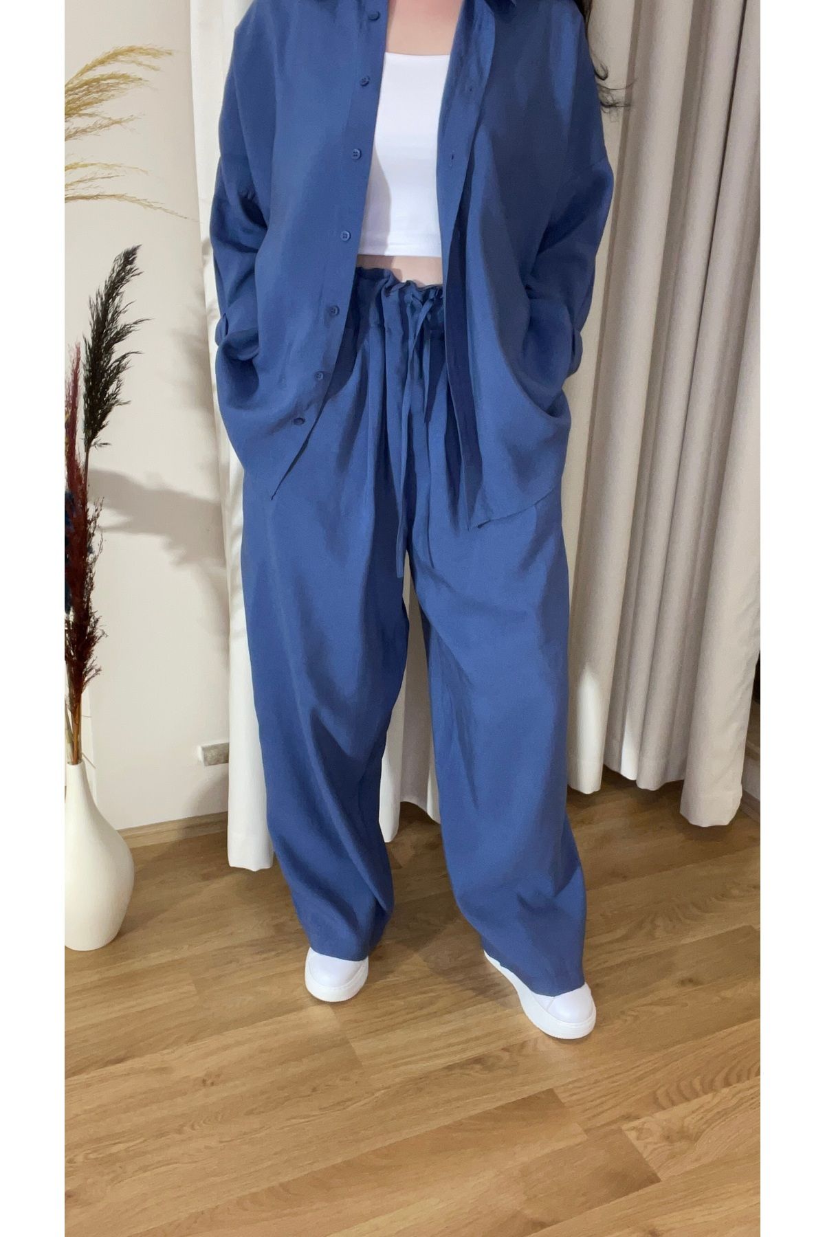 Aura Ella Kadın Oversize Gömlek Pantolon Takım – %100 Pamuk – İndigo