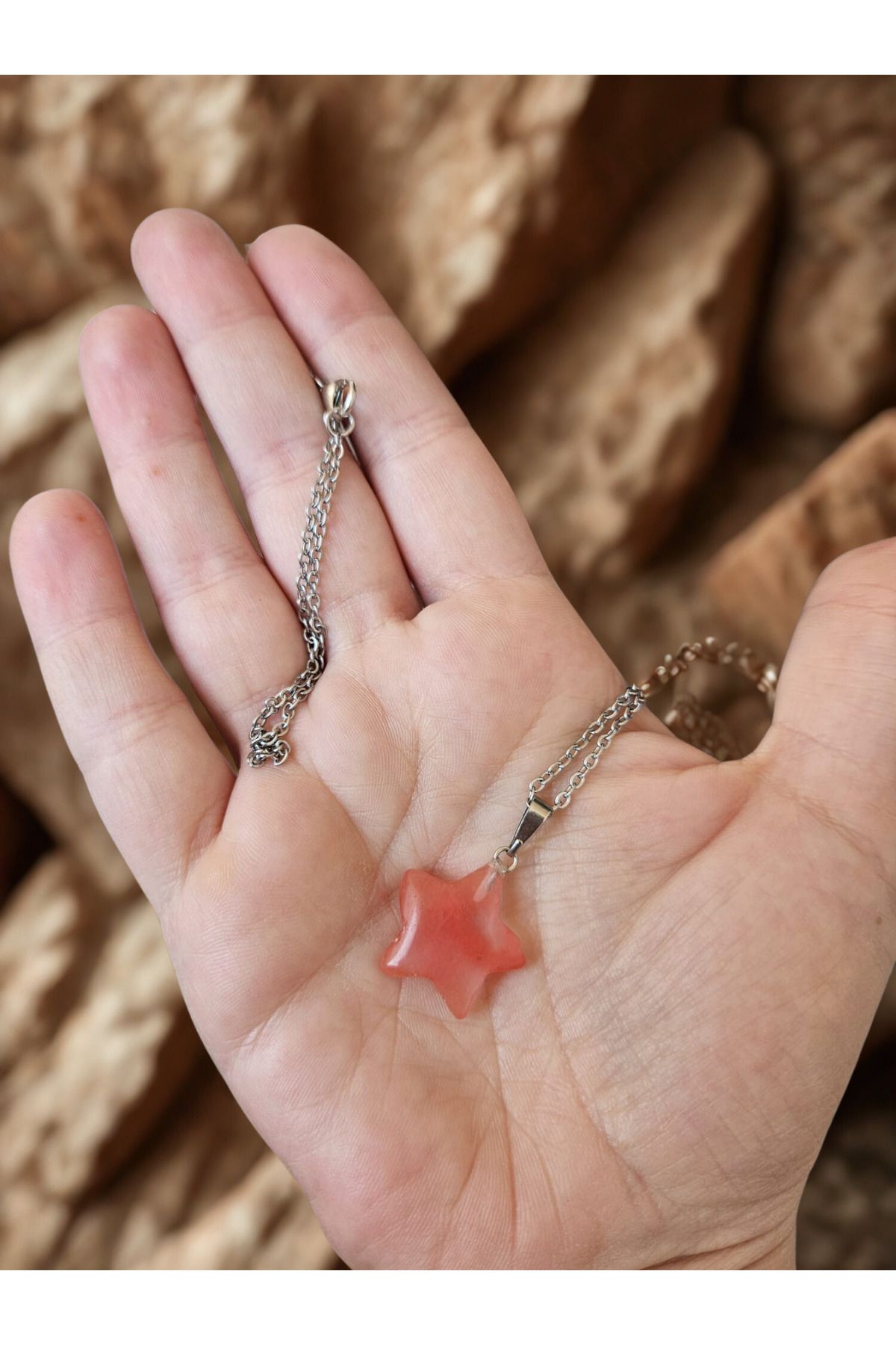 HobiHub Yıldız Şeklinde Çilek Kuvars Kolye – Doğal Taş | Pembe Kristal Kadın Kolyesi
