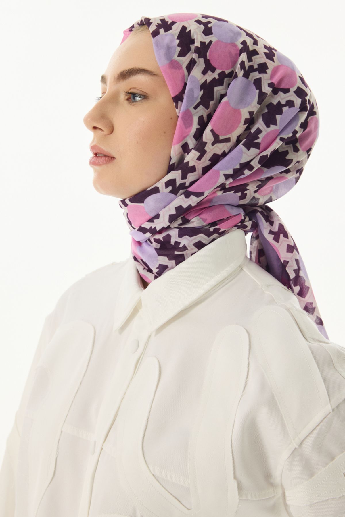 FENZA SCARF Geometrik Desen Pamuklu Şal - Lila-Pudra