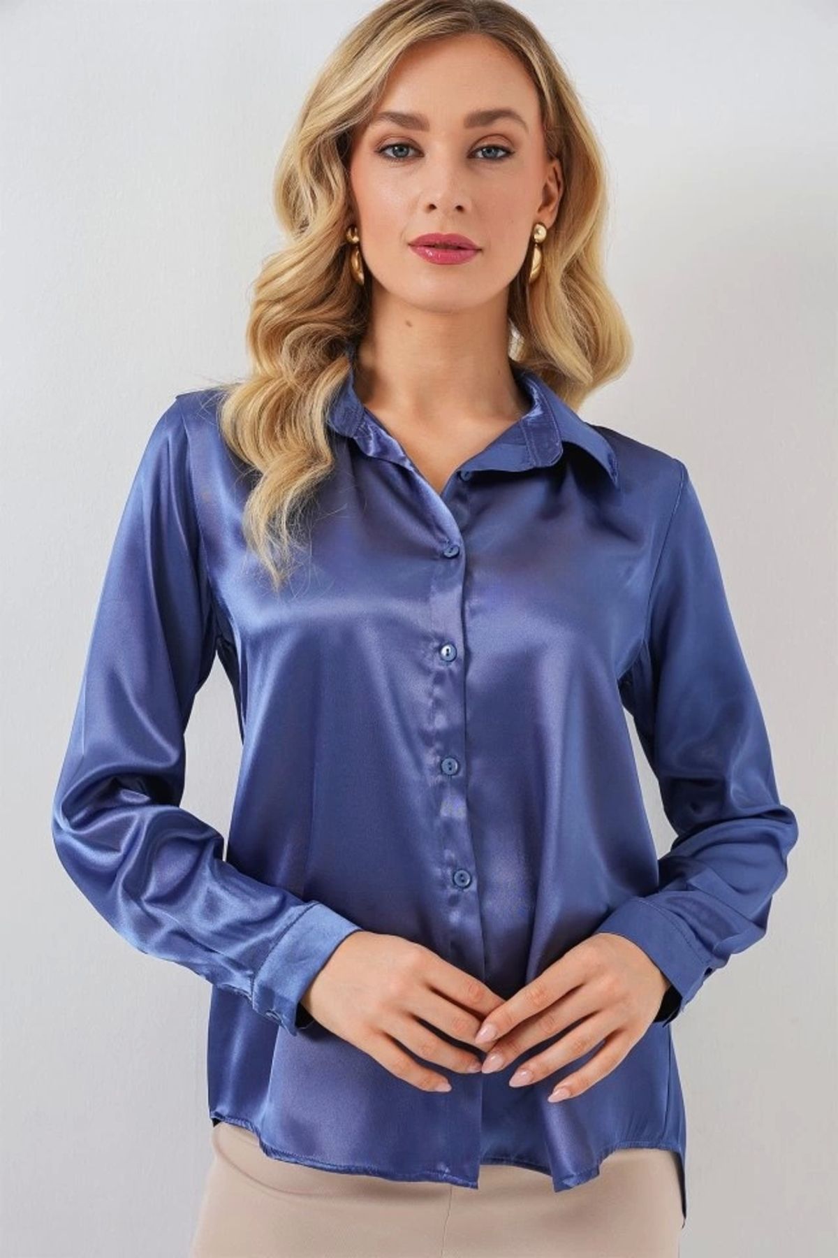 Butik 3964 Hafif Dökümlü Saten Gömlek - C.Lacivert