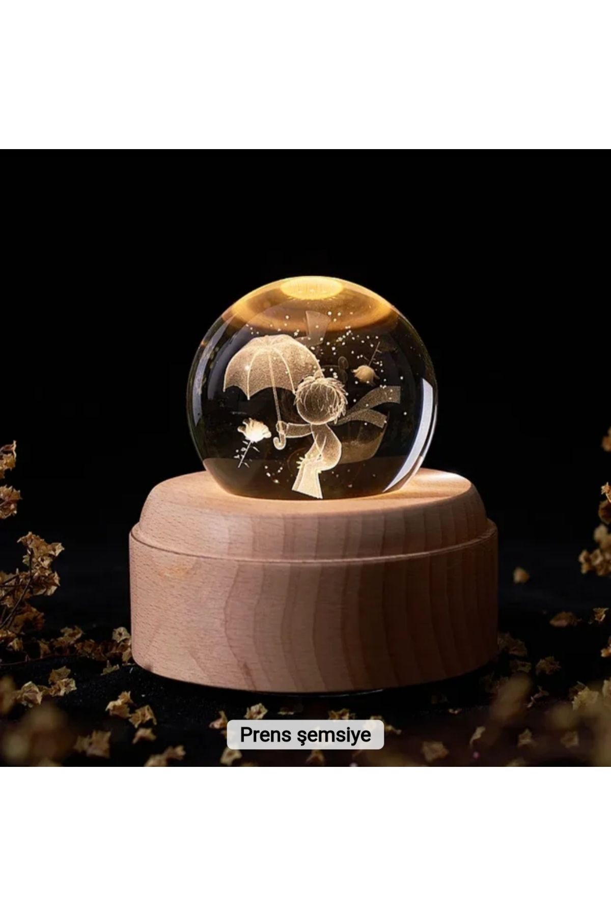 Wolawood Premium Dönen Kristal Cam Küre 3D Led Işıklı USB'li Gece Lambası Masaüstü Dekoratif Hediyelik Set