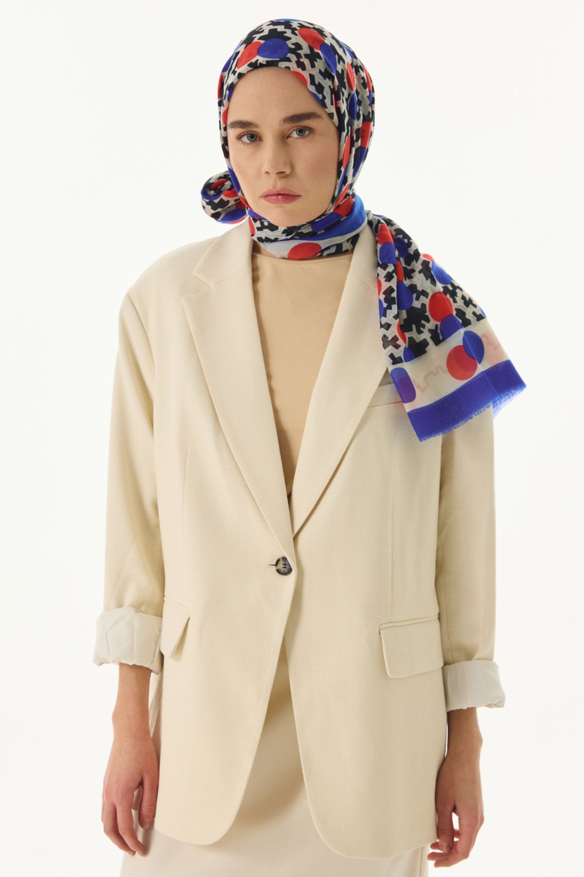 FENZA SCARF Geometrik Desen Pamuklu Şal - Saks-Kırmızı