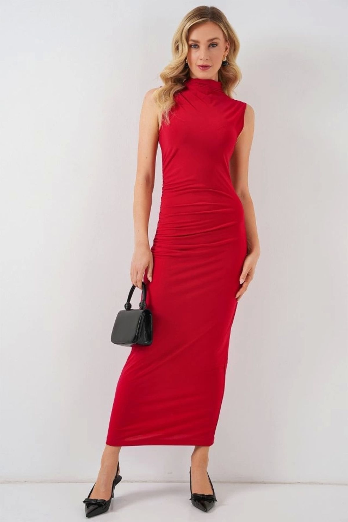 Butik Büzgülü Sıfır Kol Drapeli Elbise 2579 - Kırmızı