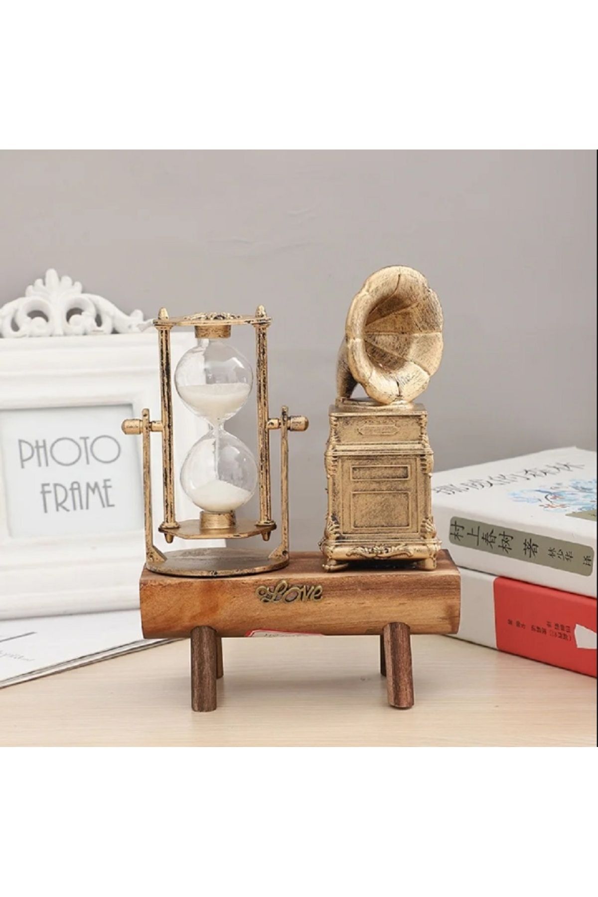 Elioure Ahşap Antika Tarzı Gold Renk Gramofon ve Kum Saati Dekorasyon Seti