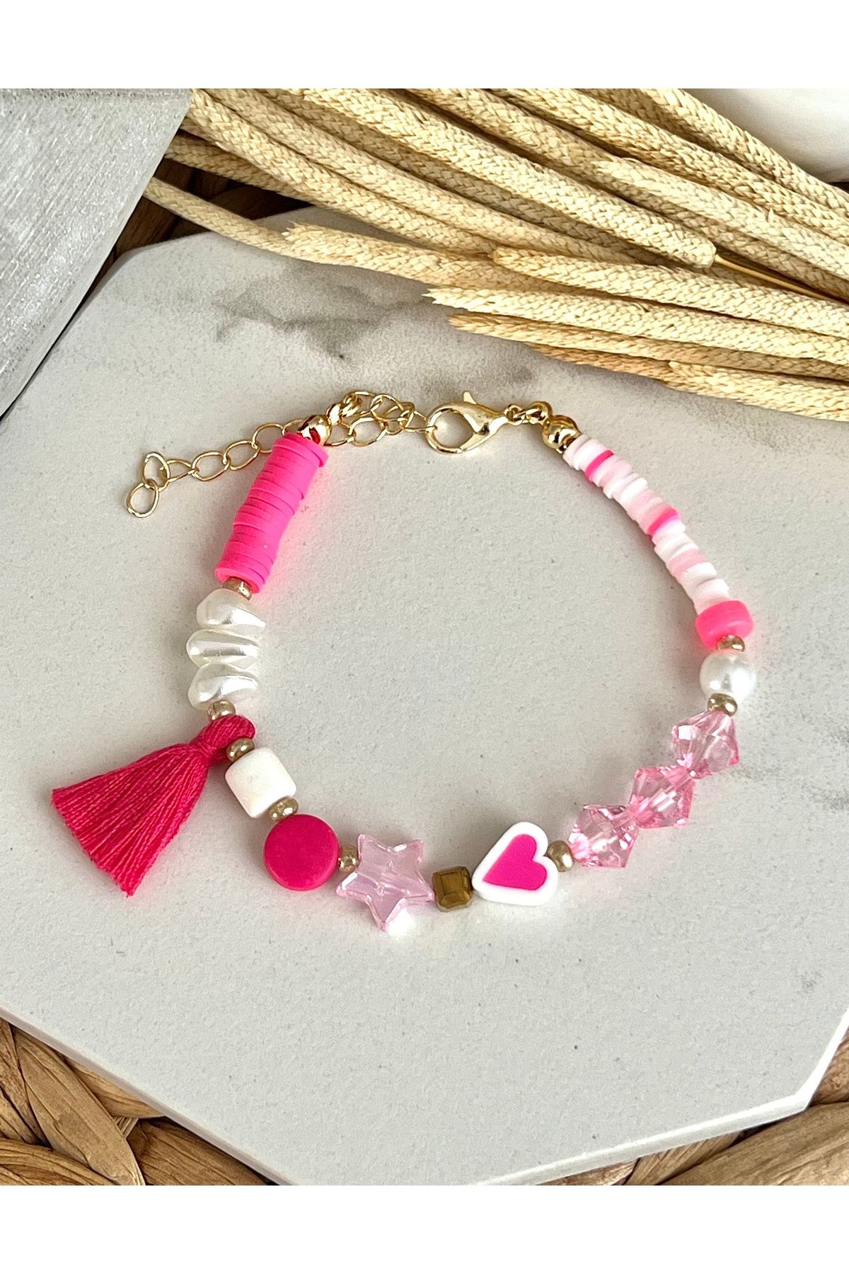 HALHALMILL Pembe Püsküllü Fimolu Bileklik