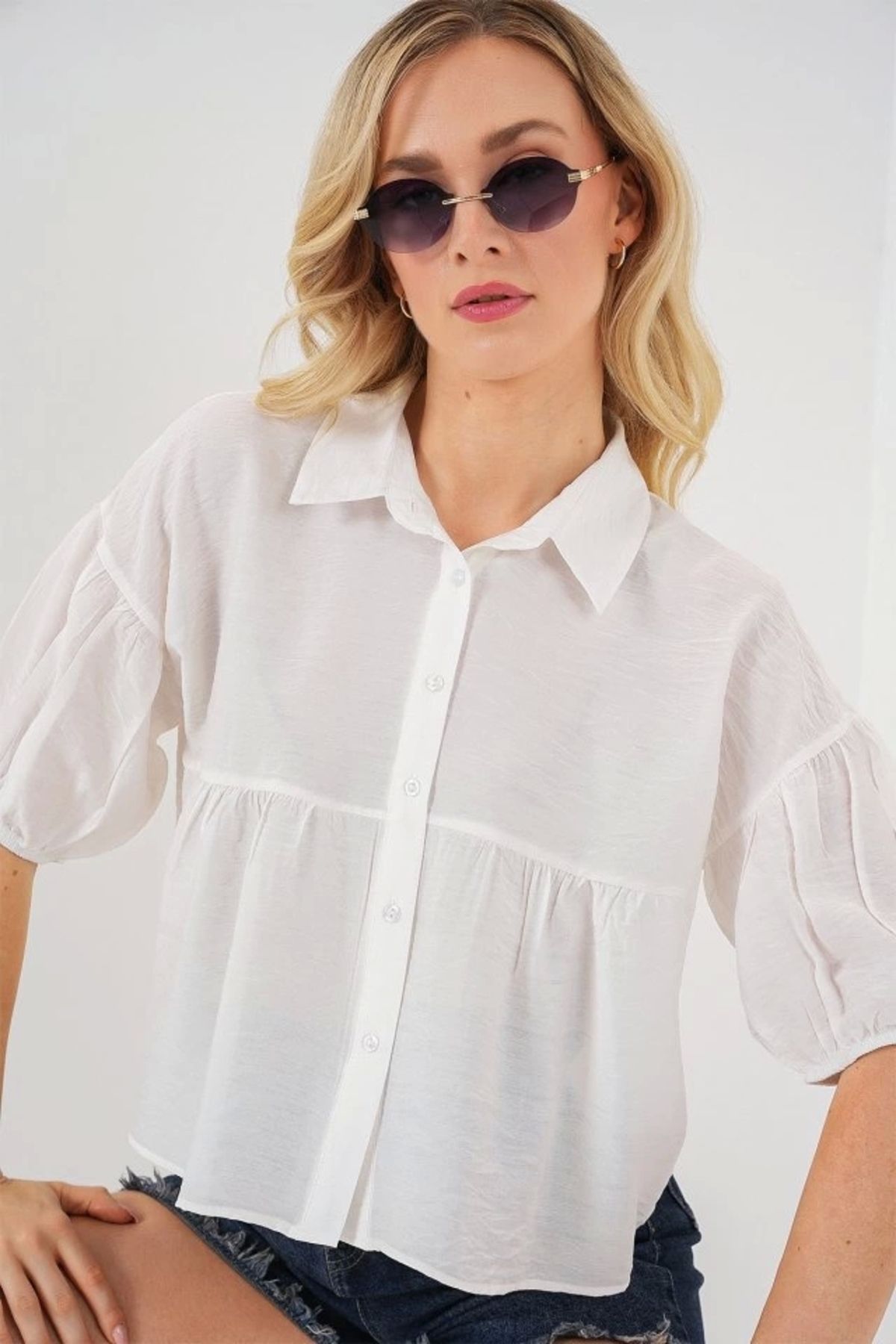 Butik Kısa Kol Crop Gömlek 20335 - Beyaz