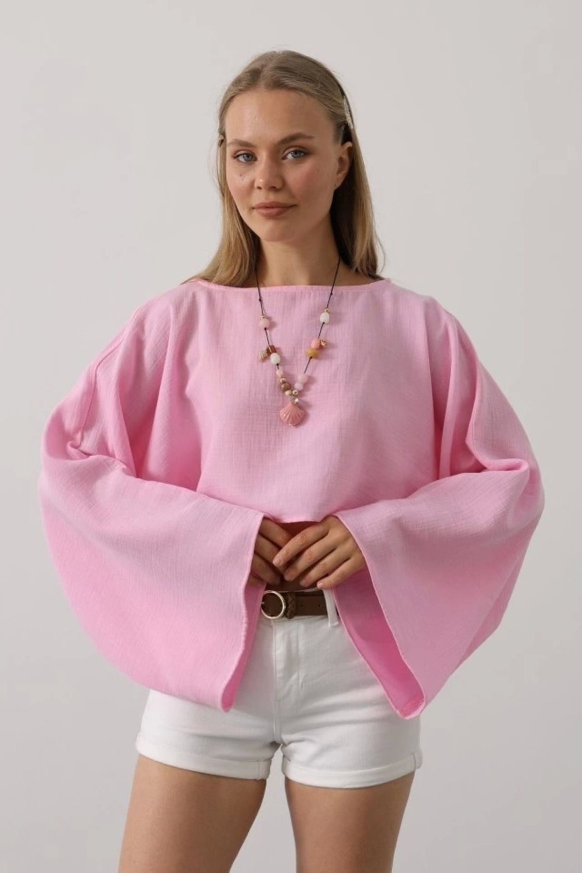 nedo7 YARASA KOLLU CROP BLUZ - Pembe