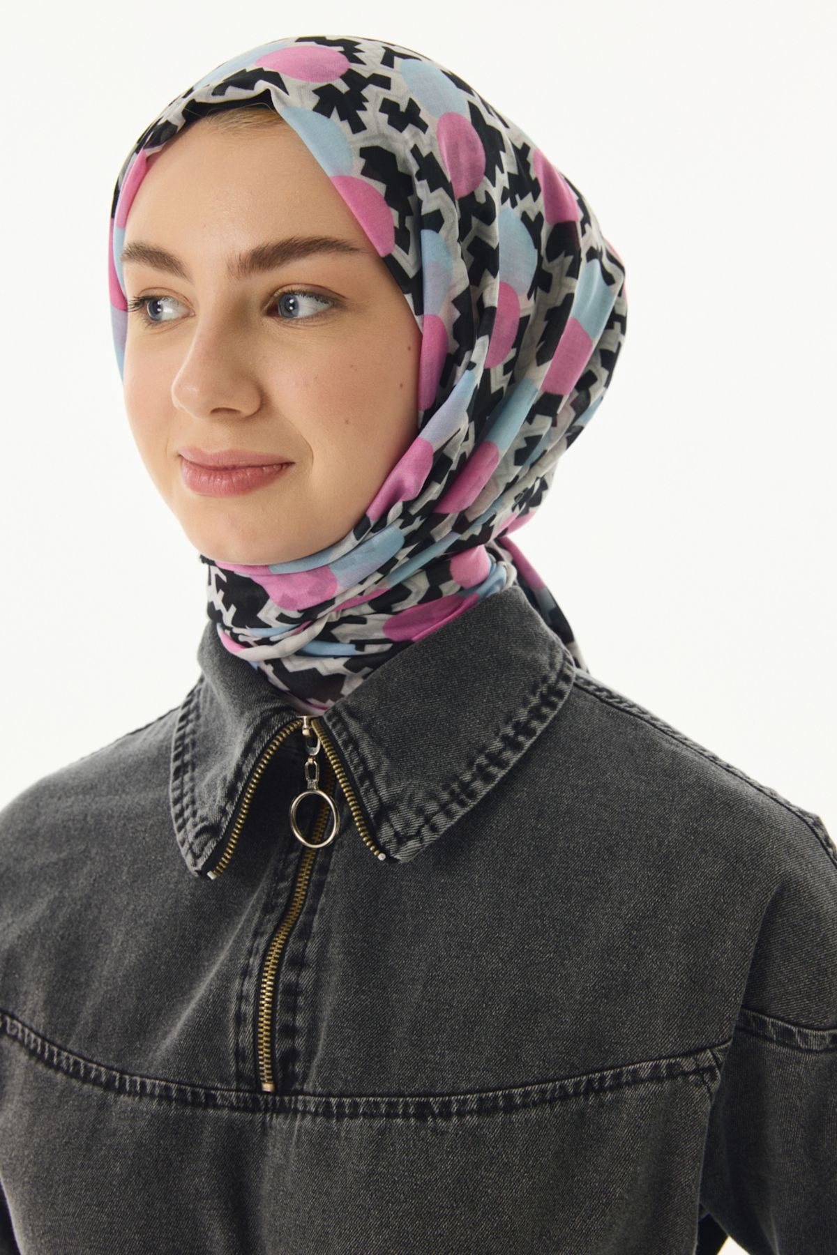 FENZA SCARF Geometrik Desen Pamuklu Şal - Siyah-Pudra