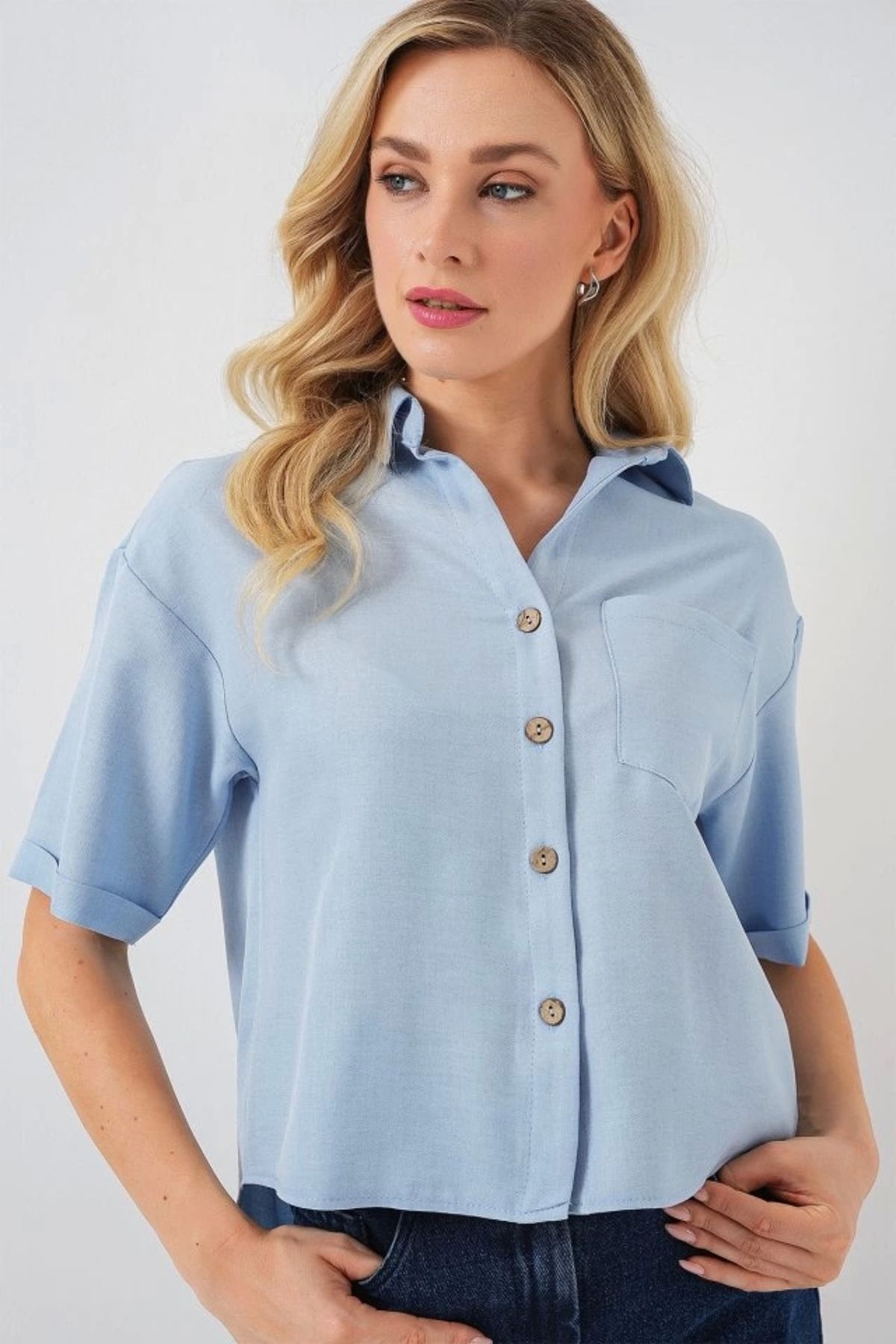 Butik Keten Görünümlü Crop Gömlek 20339 - Mavi