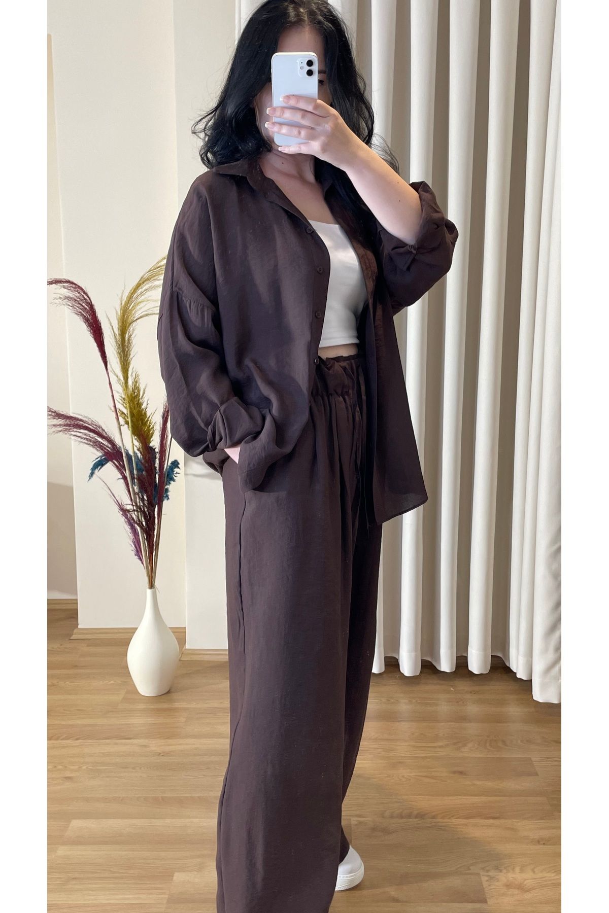 Aura Ella Kadın Oversize Gömlek Pantolon Takım – %100 Pamuk – Acı Kahve