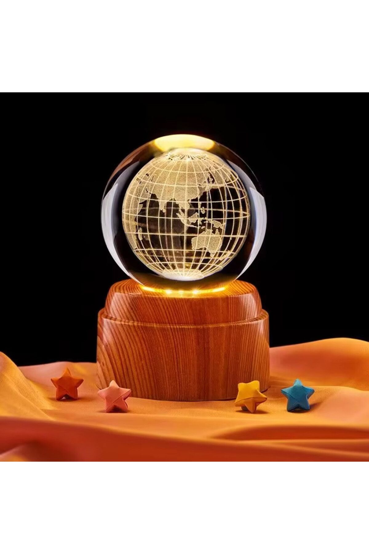 Wolawood Premium Dönen Kristal Cam Küre 3D Led Işıklı USB'li Gece Lambası Masaüstü Dekoratif Hediyelik Set