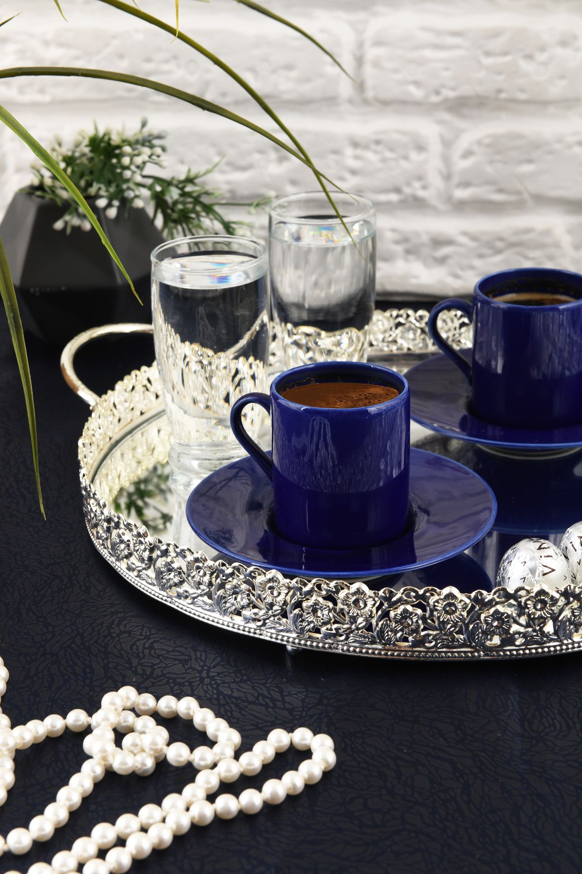 HELVACIOĞLU AKSESUAR-Coffee, Tea, Chocolate Presentation Tray with Mirror Handle 30 cm 5